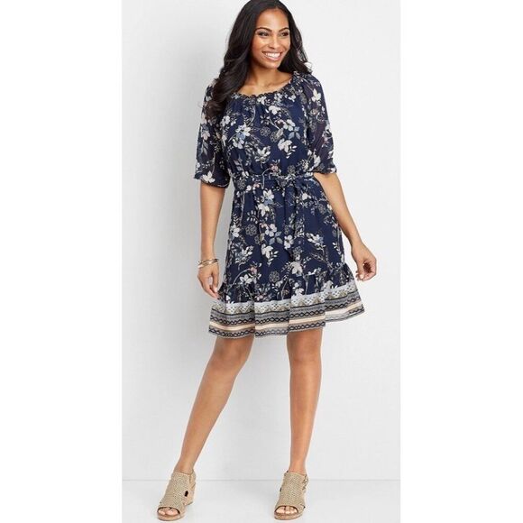 Maurices Dresses & Skirts - Maurices XS Navy Blue Floral Off The‎ Shoulder Dress Lined Belted Lightweight NW